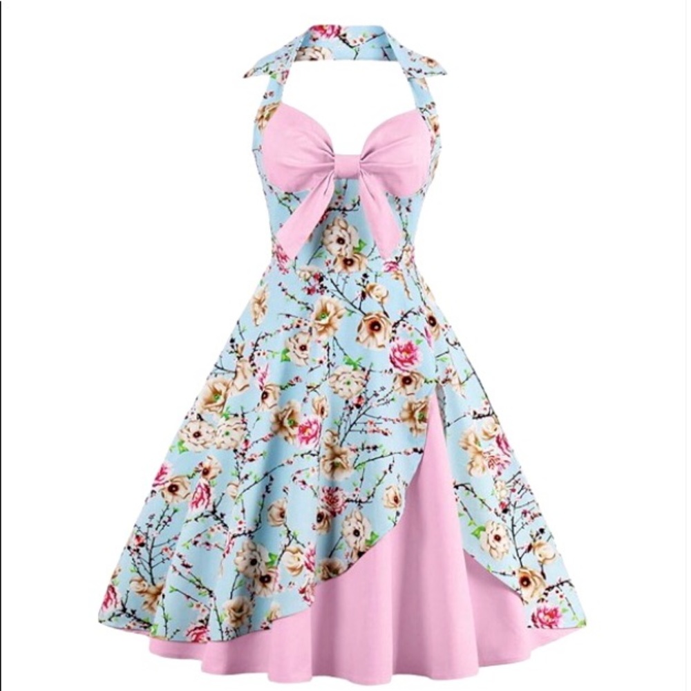 Rockabilly Halter Swing Floral Tea Cocktail Dress - Picture 1 of 8